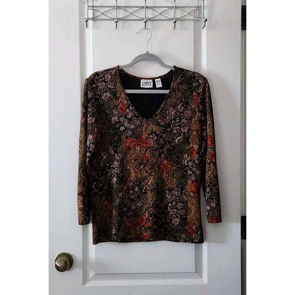 Chico's Womens Floral Lace Overlay‎ Blouse with Stretch V-Neck Long Sleeve M(8)